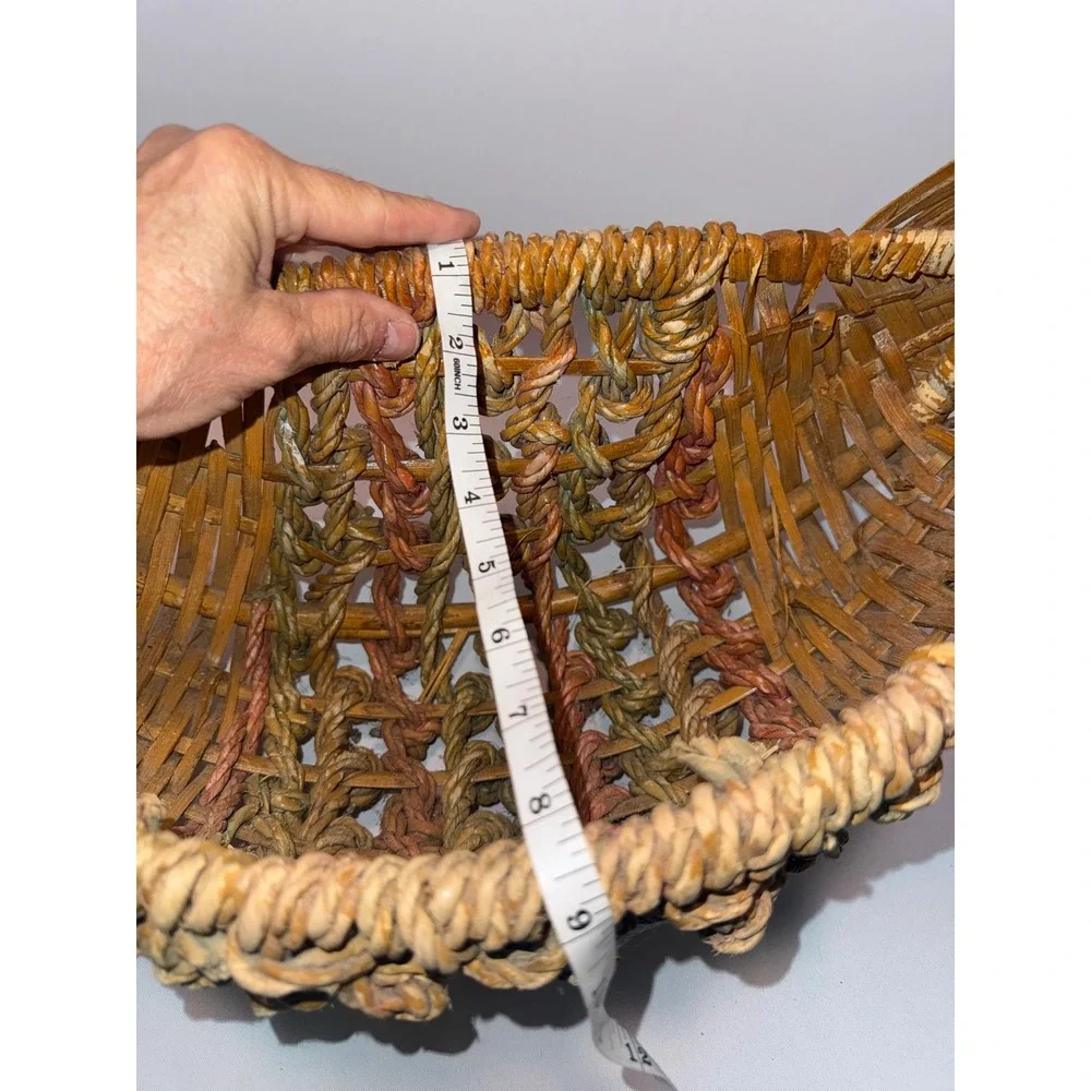 Vintage Wicker Wall Pocket Basket Knotted Rope Detail Crescent Half‎ Moon Brown